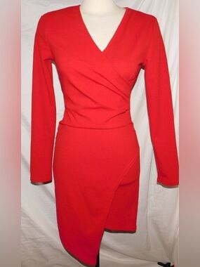 FAVLUX Vibrant Red Long-Sleeve Wrap-Front Dress